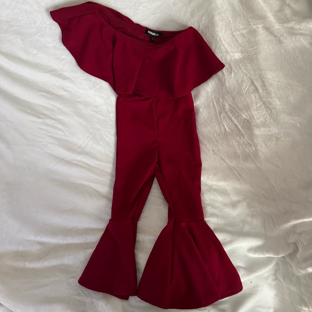 Fashion Nova Kids Elegant Burgundy Off-Shoulder Jumpsuit size 3t